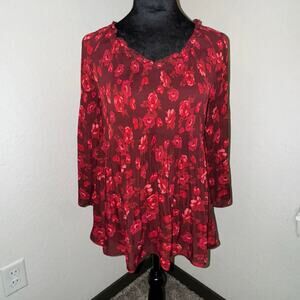 Floral & Ivy Women's Red Floral Pleated V-Neck Blouse Top Size PS Petite Small